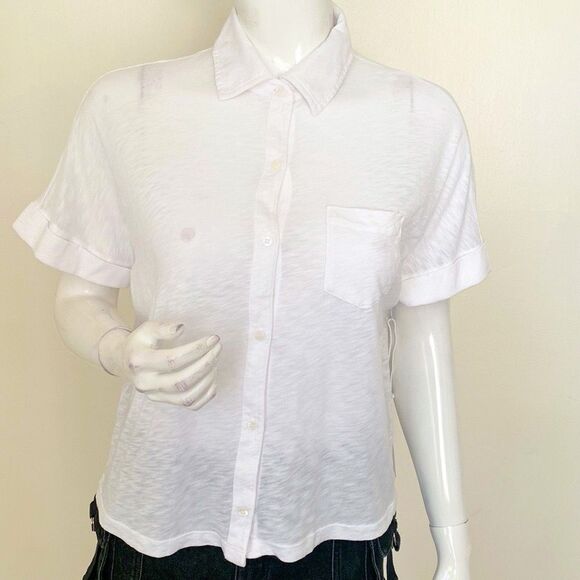 Stateside Supima Cotton Slub Knit Short Sleeve Button Down Pocket Shirt in White - Picture 2 of 6